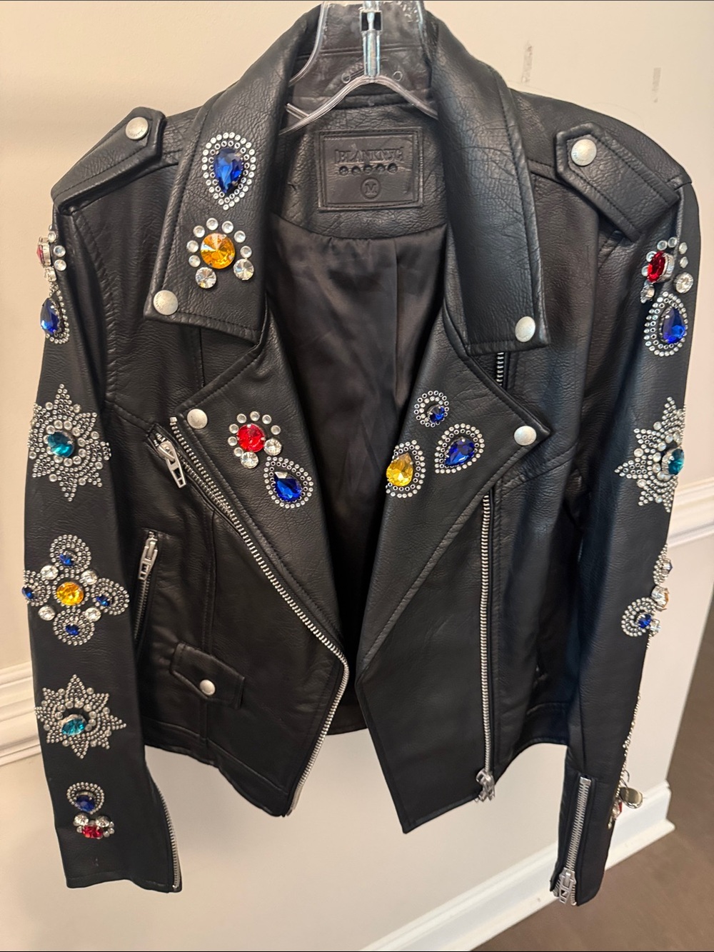 Blank NYC Black Leather Moto Jacket with Multicolor Jewel Embellishments